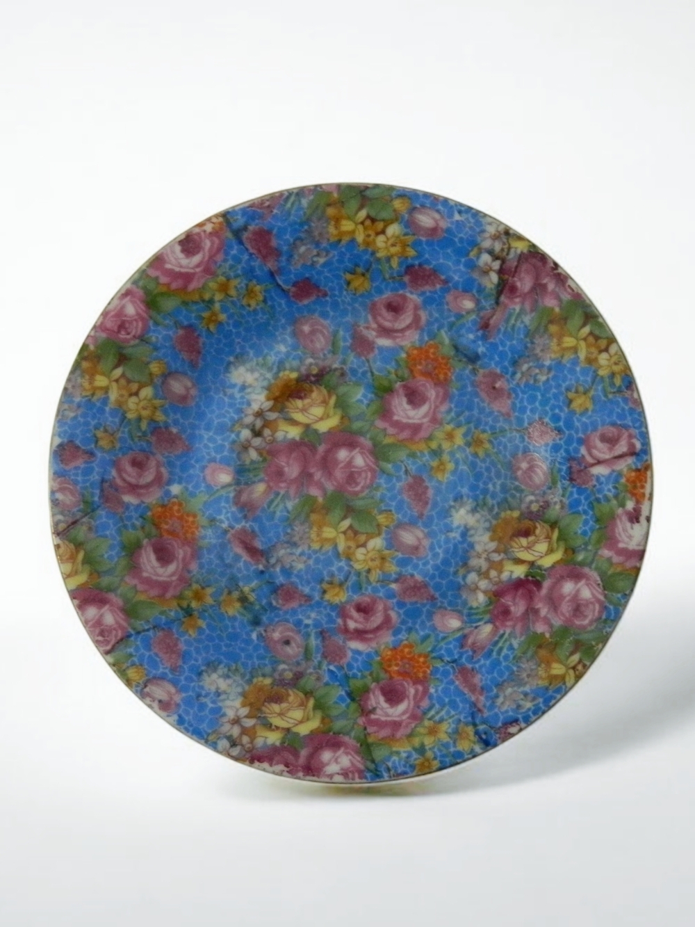 Floral Blue Ceramic Dinner Plate with Pink Rose Pattern